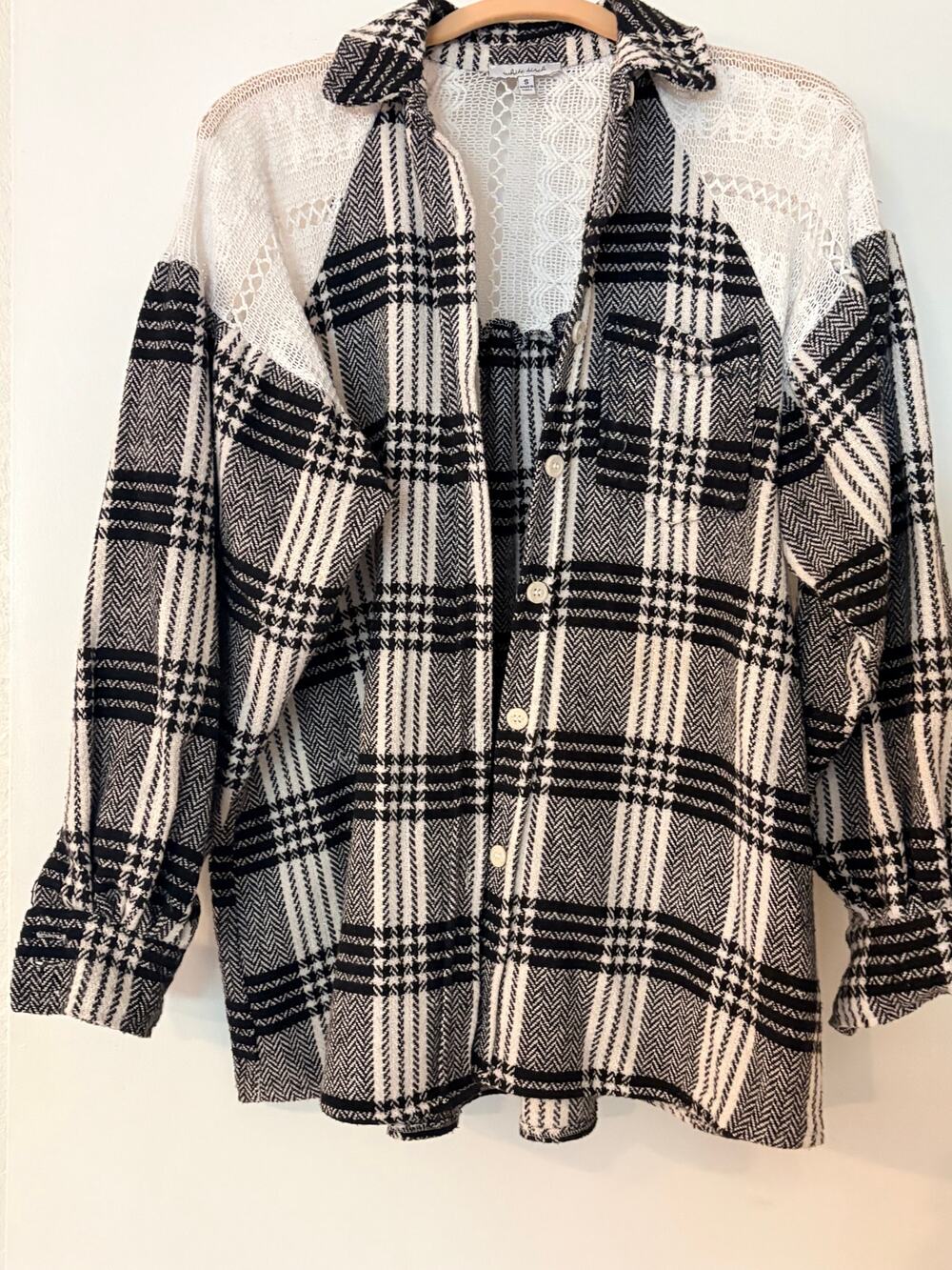 White Birch Plaid Shacket Women S Black Cream Lace Knit Oversize BOHO Cabin Core